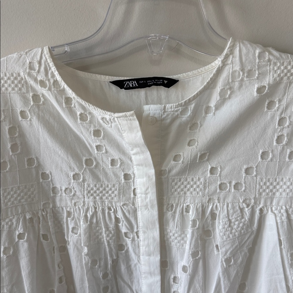 Zara White Eyelet Long Sleeve Dress S - Picture 4 of 6